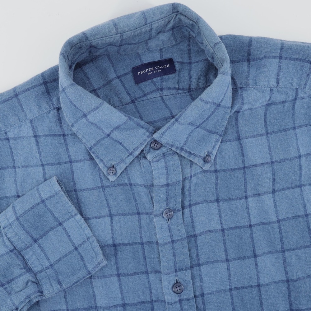 Proper Cloth 100% Linen Button Down Shirt Blue Windowpane Mens‎ Fits XL